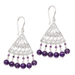 Amethyst chandelier earrings, 'Spiral Fascination' - Spiral Pattern Amethyst Chandelier Earrings from Bali