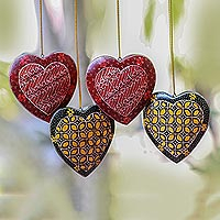Batik wood ornaments, 'Traditional Hearts' (set of 4) - Traditional Batik Wood Heart Ornaments from Java (Set of 4)