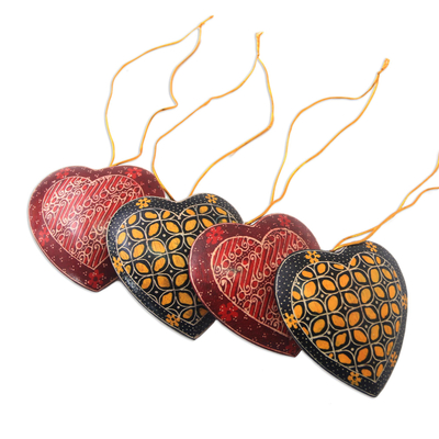 UNICEF Market  Traditional Batik Wood Heart Ornaments from Java (Set of 4)  - Traditional Hearts