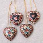 Batik wood ornaments, 'Heart Flowers' (set of 4) - Floral Batik Wood Heart Ornaments from Java (Set of 4)