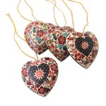 Batik wood ornaments, 'Heart Flowers' (set of 4) - Floral Batik Wood Heart Ornaments from Java (Set of 4)