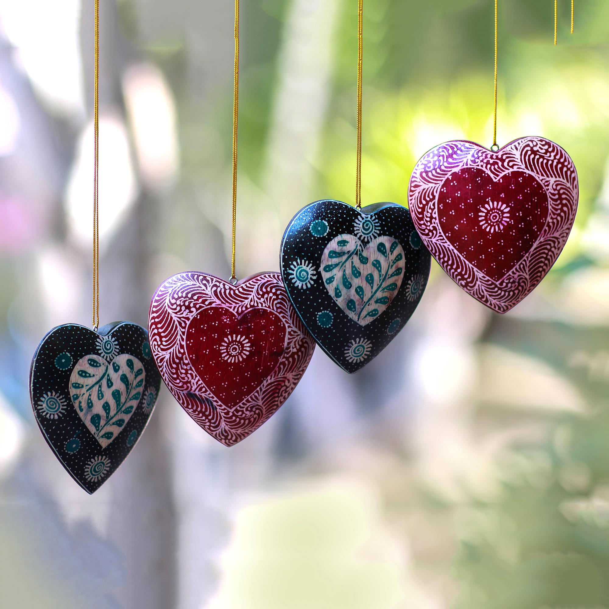 Floral Batik Wood Heart Ornaments from Java (Set of 4) - Heart Flowers