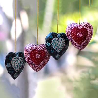 UNICEF Market  Traditional Batik Wood Heart Ornaments from Java (Set of 4)  - Traditional Hearts