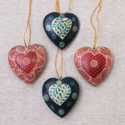Floral Batik Wood Heart Ornaments from Java (Set of 4), 'Heart Flowers