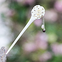 Bone and cultured pearl hair pin, 'Studded Rose' - Rose Flower Bone and Cultured Pearl Hair Pin from Bali