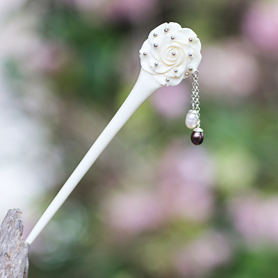 Bone and cultured pearl hair pin, 'Studded Rose' - Rose Flower Bone and Cultured Pearl Hair Pin from Bali