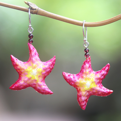 Bone and garnet dangle earrings, 'Happy Starfish' - Hand-Painted Bone and Garnet Starfish Dangle Earrings
