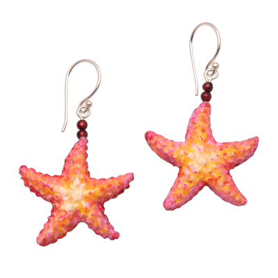 Bone and garnet dangle earrings, 'Happy Starfish' - Hand-Painted Bone and Garnet Starfish Dangle Earrings