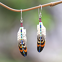 Amethyst dangle earrings, 'Antique Feathers' - Hand-Painted Bone and Amethyst Feather Dangle Earrings