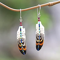 Bone and amethyst dangle earrings, 'Antique Feathers' - Hand-Painted Bone and Amethyst Feather Dangle Earrings