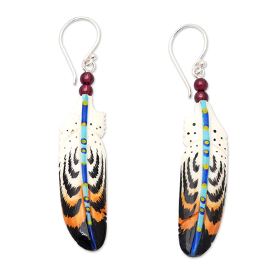 Garnet dangle earrings, 'Antique Feathers' - Hand-Painted Garnet Accent Feather Dangle Earrings