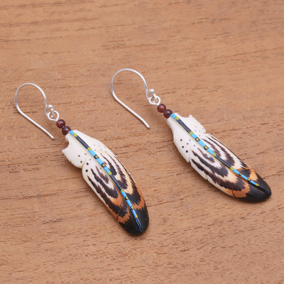 Garnet dangle earrings, 'Antique Feathers' - Hand-Painted Garnet Accent Feather Dangle Earrings