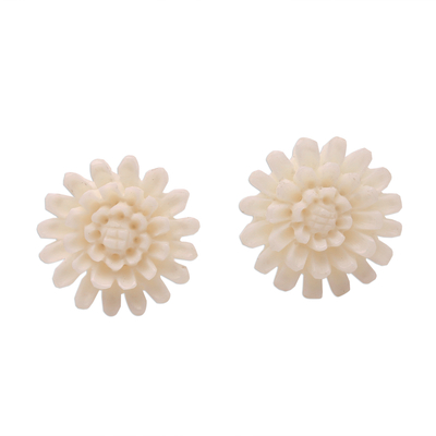 Hand-Carved Bone Lotus Flower Button Earrings from Bali - Fantastic ...