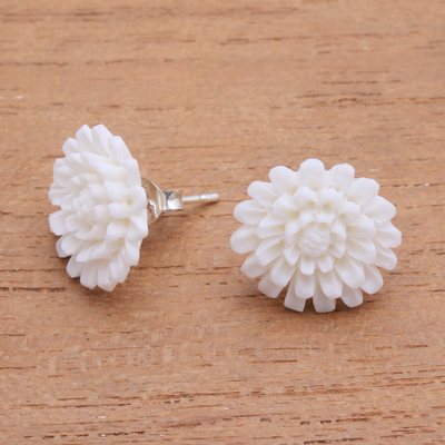 Bone button earrings, 'Fantastic Padma' - Hand-Carved Bone Lotus Flower Button Earrings from Bali