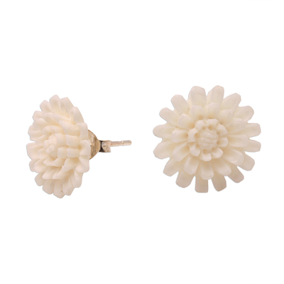 Pendientes botón hueso - Aretes de botón de flor de loto de hueso tallados a mano de Bali