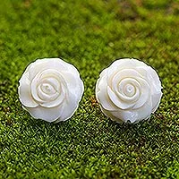 Bone button earrings, 'Fascinating Roses' - Hand-Carved Bone Rose Button Earrings from Bali