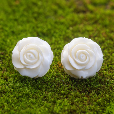 Bone button earrings, 'Fascinating Roses' - Hand-Carved Bone Rose Button Earrings from Bali
