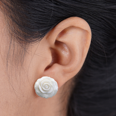 Bone button earrings, 'Fascinating Roses' - Hand-Carved Bone Rose Button Earrings from Bali