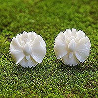Hand-Carved Bone Orchid Button Earrings from Bali,'Fantastic Orchids'