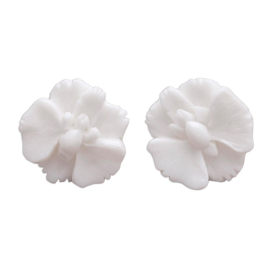 Hand-Carved Bone Orchid Button Earrings from Bali