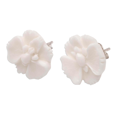 Bone button earrings, 'Fantastic Orchids' - Hand-Carved Bone Orchid Button Earrings from Bali