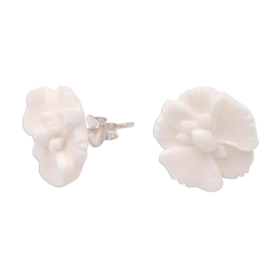 Bone button earrings, 'Fantastic Orchids' - Hand-Carved Bone Orchid Button Earrings from Bali