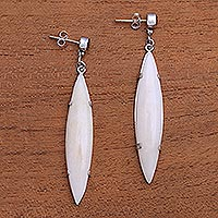 Bone and garnet dangle earrings, 'Beautiful Canoes' - Handmade Bone and Garnet Dangle Earrings from Bali