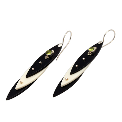 Bone and peridot dangle earrings, 'Majestic Canoes' - Black and White Bone and Peridot Dangle Earrings