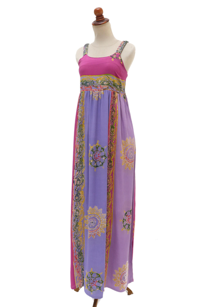 Batik-Rayon-Sommerkleid, „Primavera“ – Fuchsia und Lila Batik-Rayon-Sommerkleid aus Bali