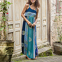 Vestido veraniego de rayón batik, 'Balinese Waters' - Vestido veraniego de rayón arrugado batik en azul de Bali