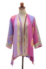 Batik rayon kimono jacket, 'Primavera' - Fuchsia and Purple Batik Rayon Kimono Jacket from Bali