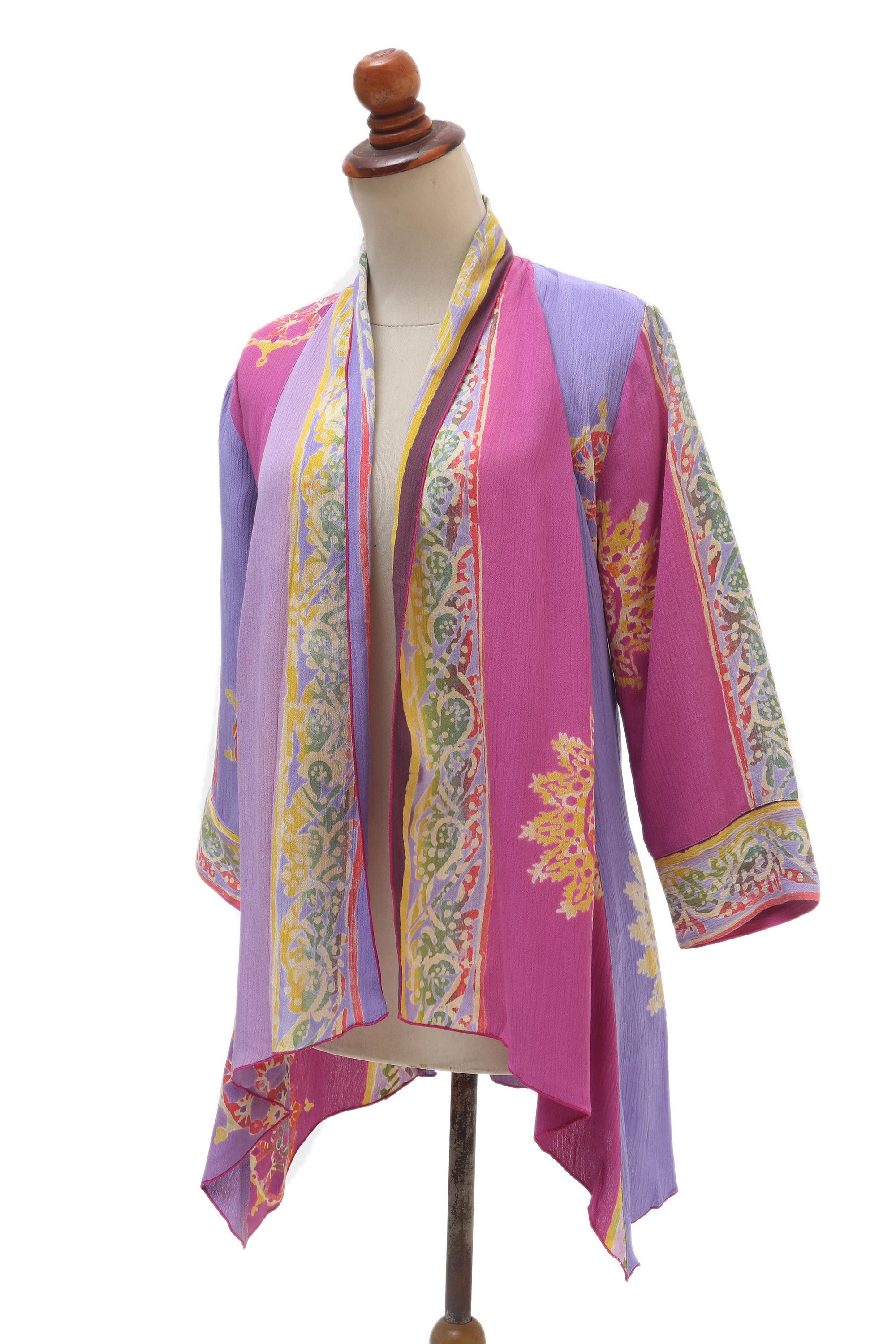 Fuchsia and Purple Batik Rayon Kimono Jacket from Bali - Primavera | NOVICA