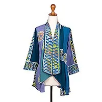 Chaqueta de kimono de rayón batik, 'Balinese Waters' - Chaqueta de kimono de rayón batik azul de Bali