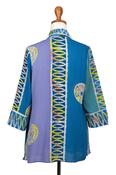 Batik rayon kimono jacket, 'Balinese Waters' - Blue Batik Rayon Kimono Jacket from Bali
