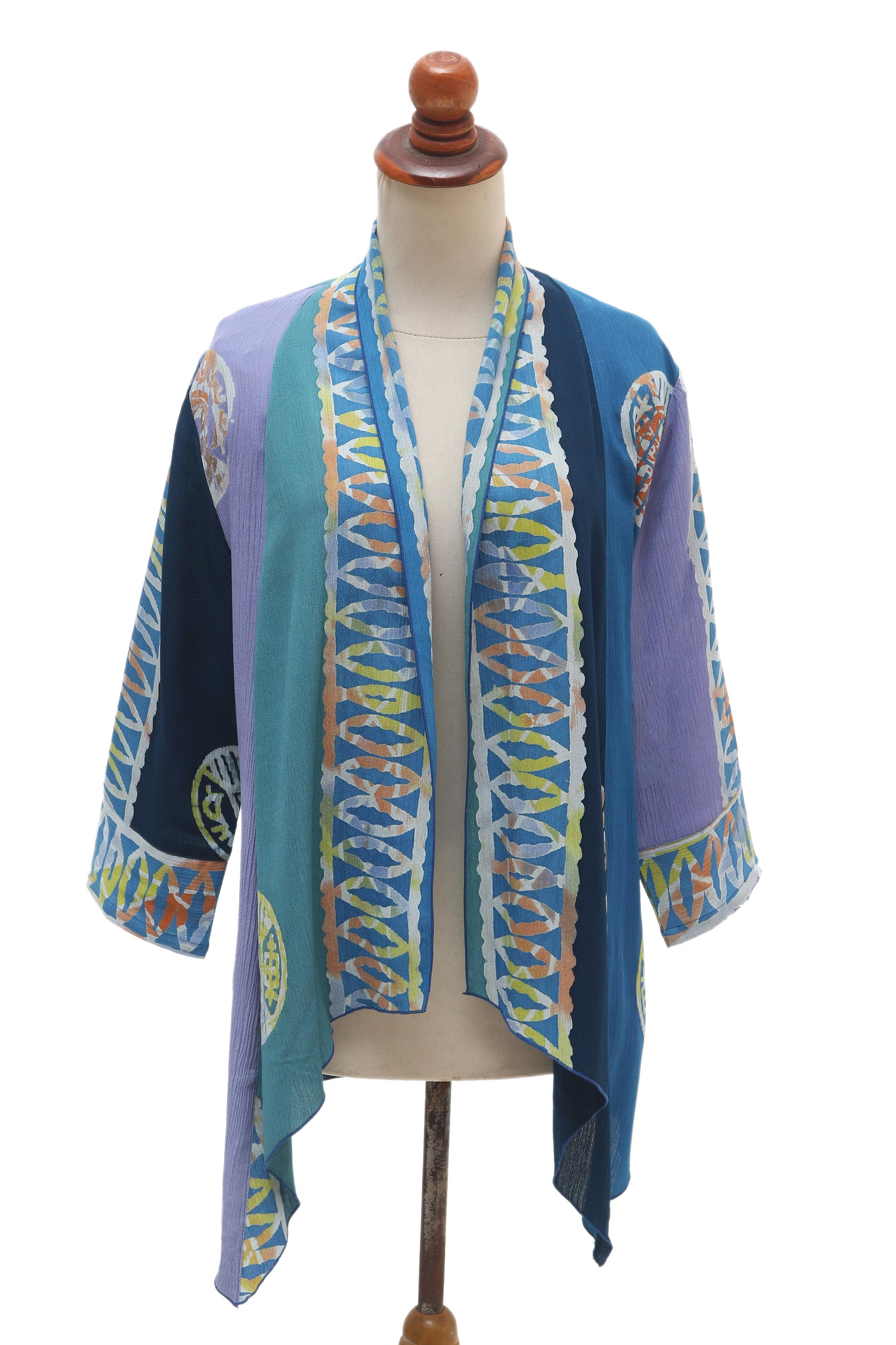 Blue Batik Rayon Kimono Jacket from Bali - Balinese Waters | NOVICA