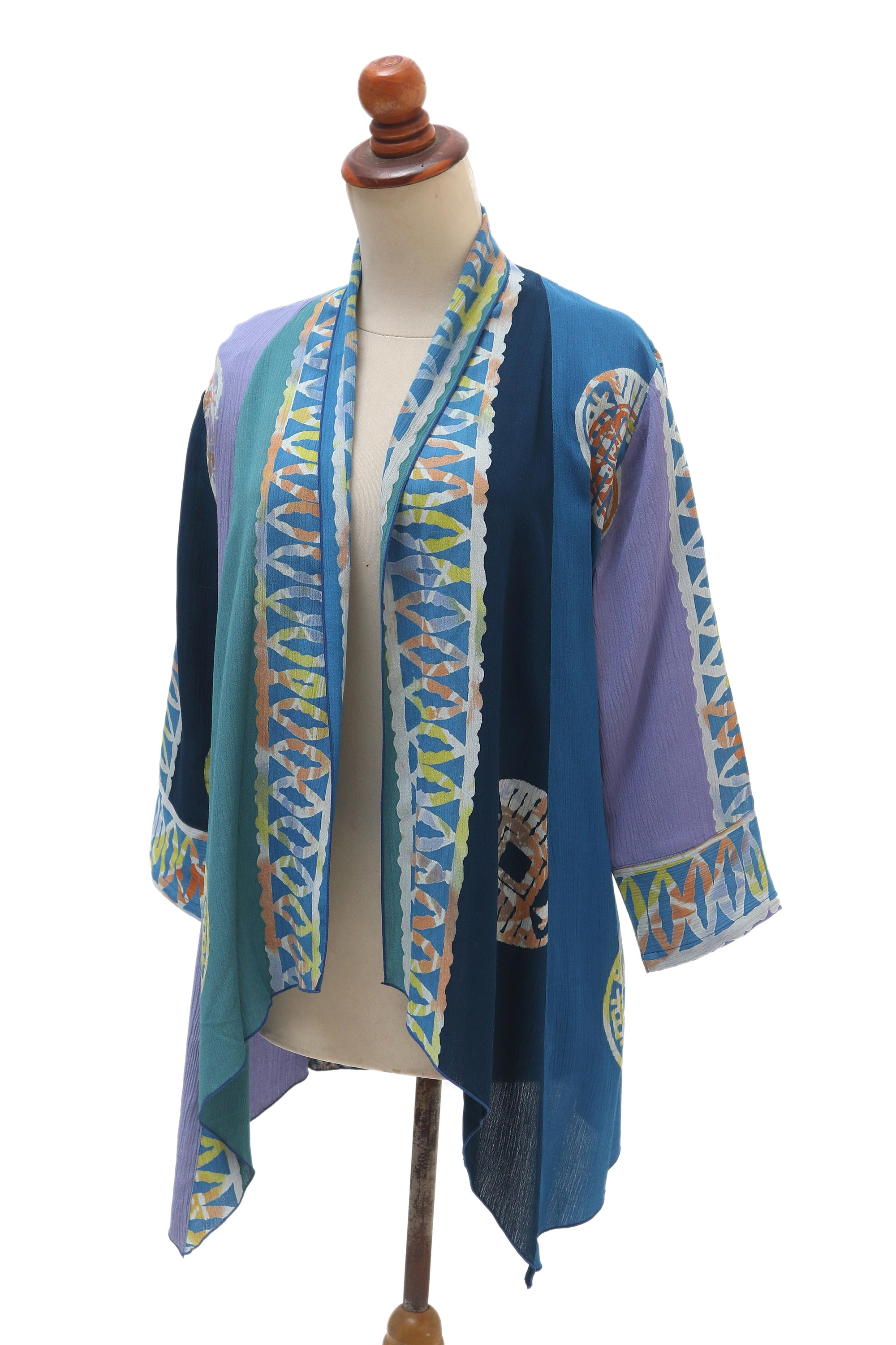 Blue Batik Rayon Kimono Jacket from Bali - Balinese Waters | NOVICA