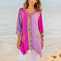 Batik rayon tunic, 'Balinese Twilight' - Fuchsia and Purple Batik Rayon Tunic from Bali
