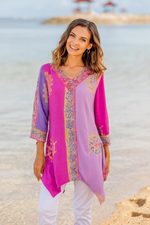 Rayon batik tunic, 'Balinese Twilight' - Fuchsia and Purple Batik Rayon Tunic from Bali