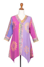 Rayon batik tunic, 'Balinese Twilight' - Fuchsia and Purple Batik Rayon Tunic from Bali
