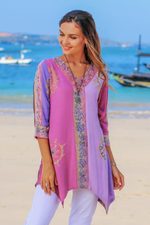 Rayon batik tunic, 'Balinese Twilight' - Fuchsia and Purple Batik Rayon Tunic from Bali