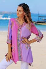 Rayon batik tunic, 'Balinese Twilight' - Fuchsia and Purple Batik Rayon Tunic from Bali