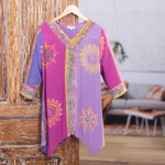 Rayon batik tunic, 'Balinese Twilight' - Fuchsia and Purple Batik Rayon Tunic from Bali