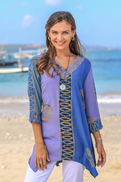 Rayon batik tunic, 'Balinese Waters' - Blue and Purple Batik Rayon Tunic from Bali