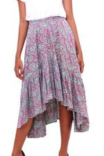 Rayon batik hi-low skirt, 'Gingko Leaf' - Batik Rayon Skirt in Green and Magenta from Bali