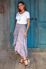 Rayon batik hi-low skirt, 'Gingko Leaf' - Batik Rayon Skirt in Green and Magenta from Bali