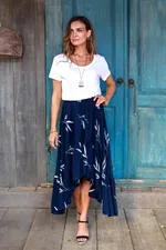 Rayon batik hi-low skirt, 'Midnight Fall' - Batik Rayon Skirt in Midnight and White from Bali