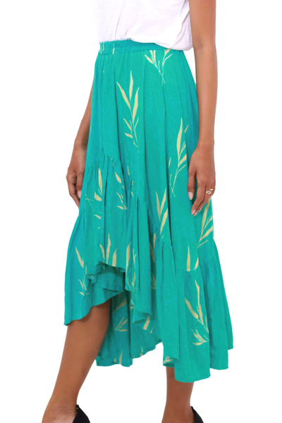 Falda asimétrica de rayón batik - Falda de rayón batik en turquesa y limón de Bali
