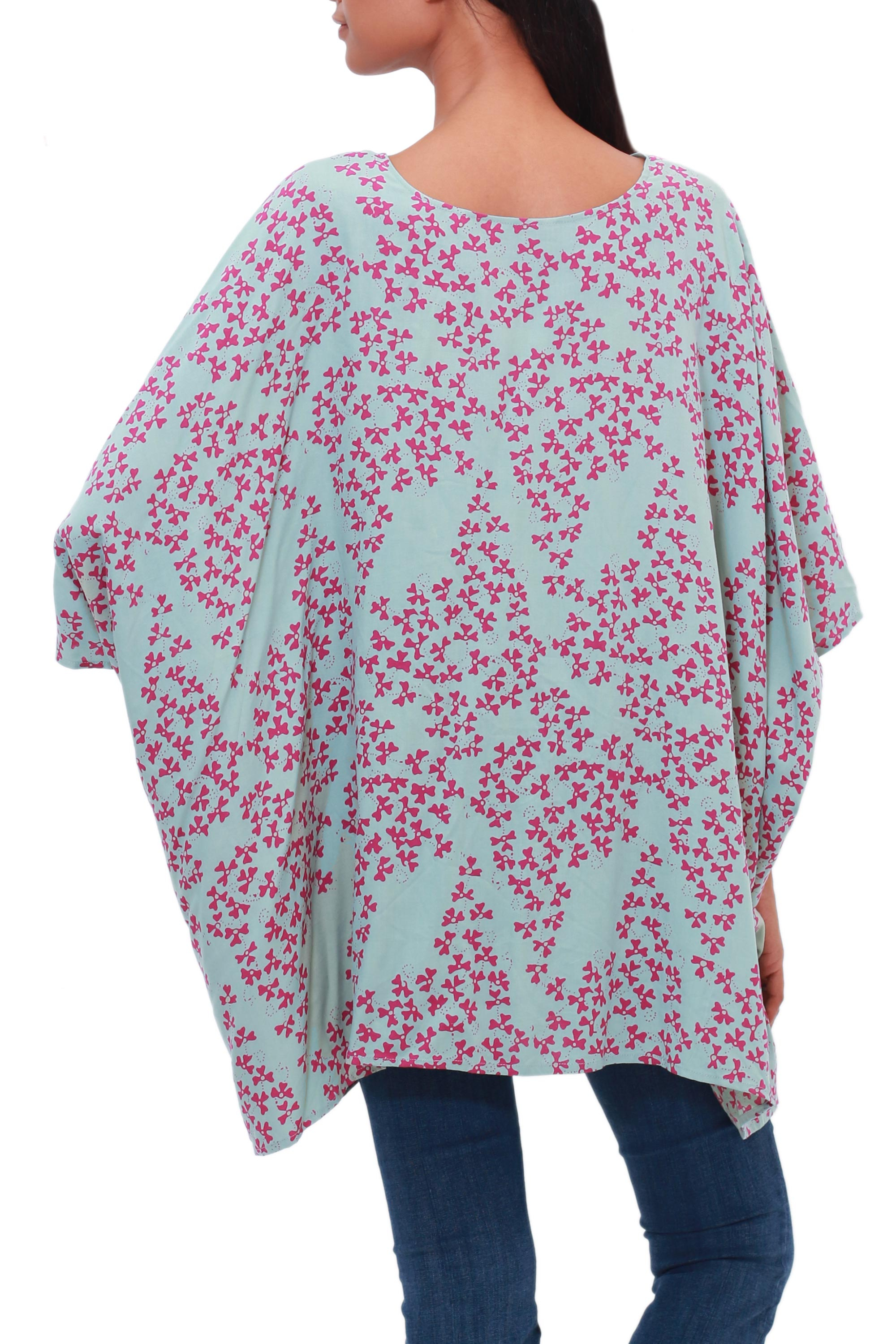 Batik Rayon Kimono Jacket in Mint and Magenta from Bali - Fall Design ...