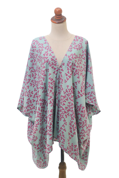 Rayon batik kimono jacket, 'Fall Design' - Batik Rayon Kimono Jacket in Mint and Magenta from Bali
