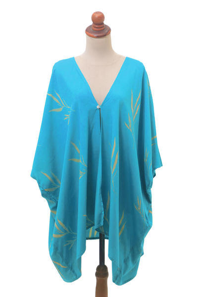 Rayon batik kimono jacket, 'Balinese Breeze in Turquoise' - Batik Rayon Kimono Jacket in Turquoise and Lemon from Bali